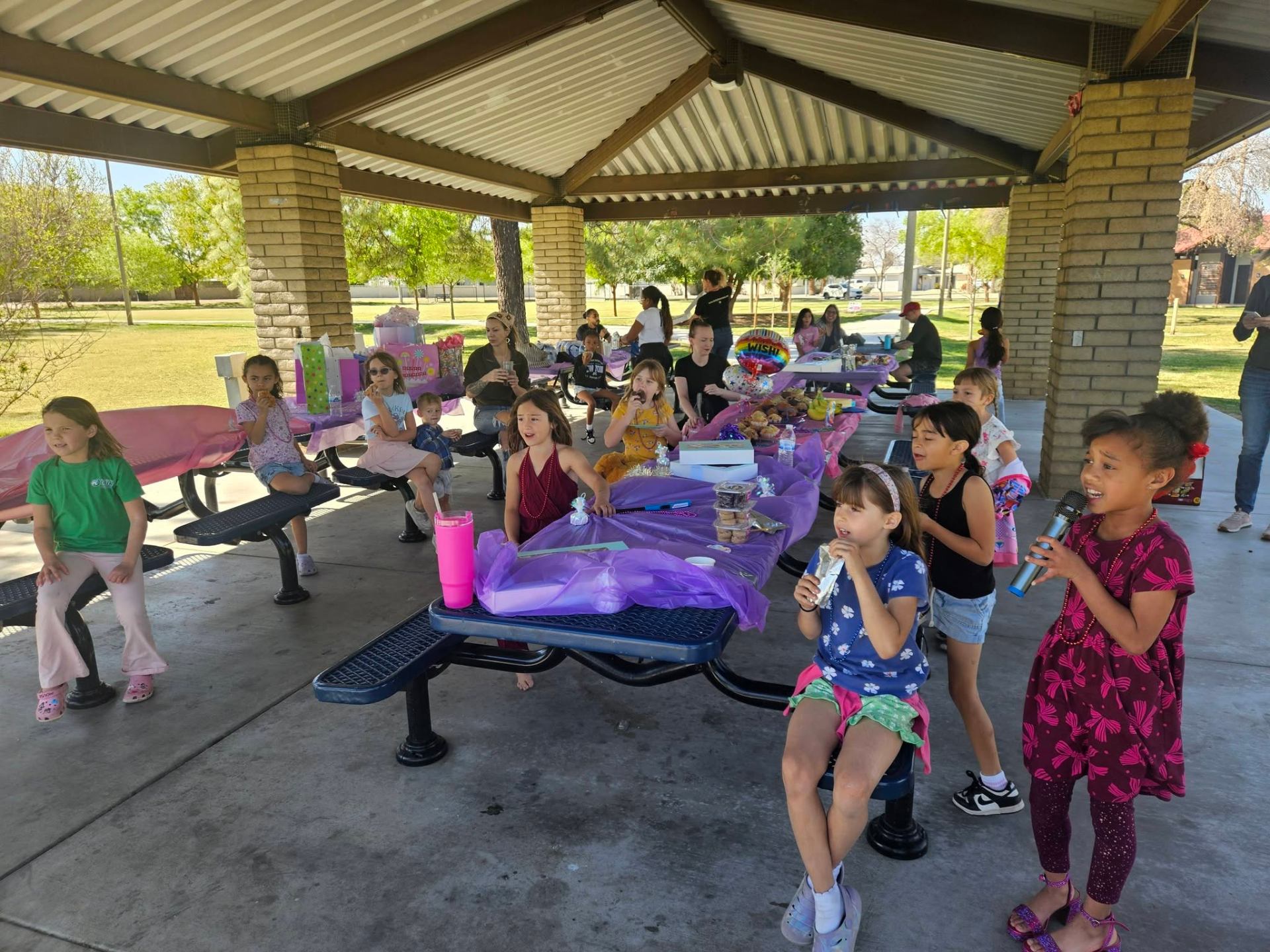 Kids singing karaoke at an outdoor birthday party under a pavilion