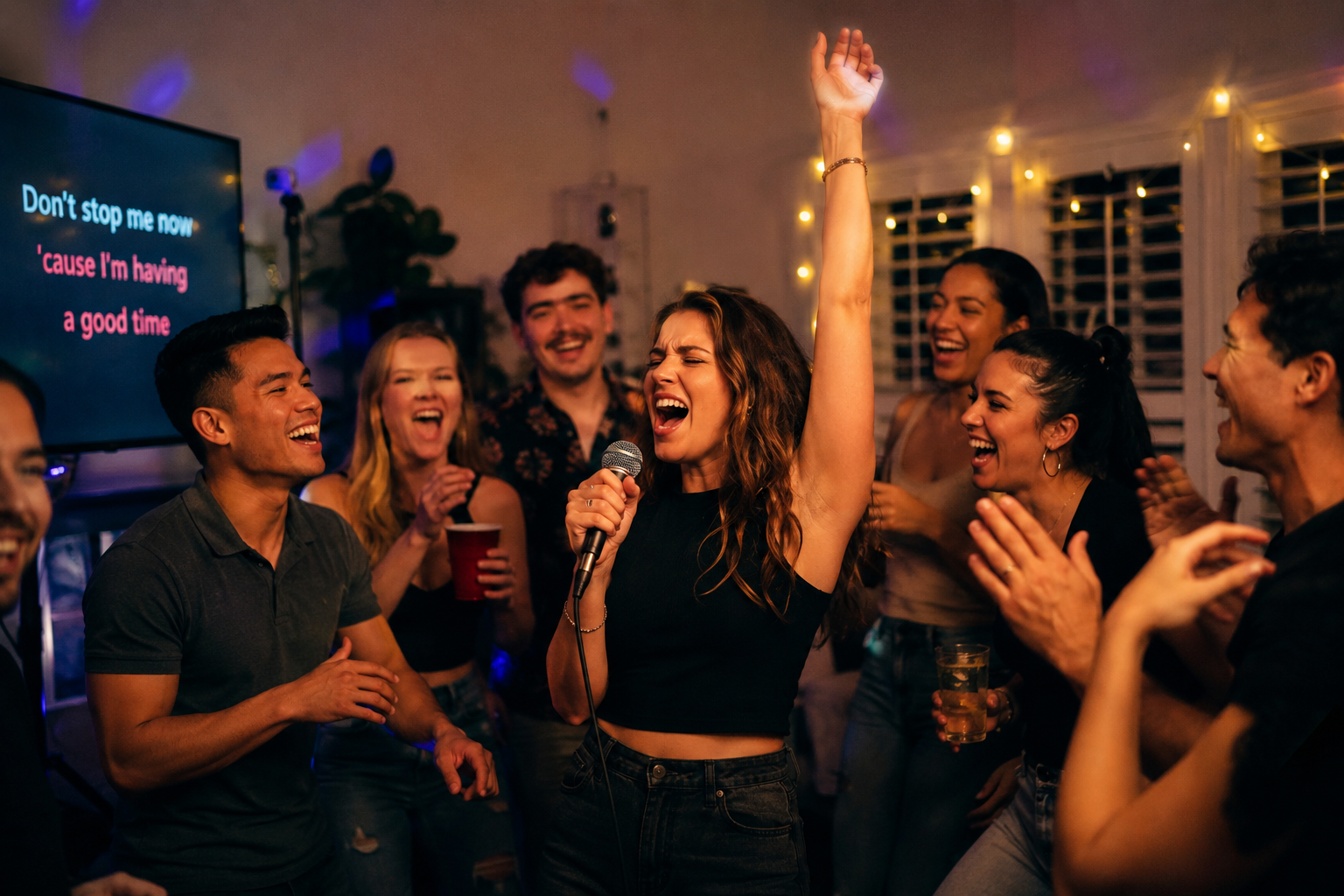 Woman singing into a microphone surrounded by cheering friends at a private karaoke party